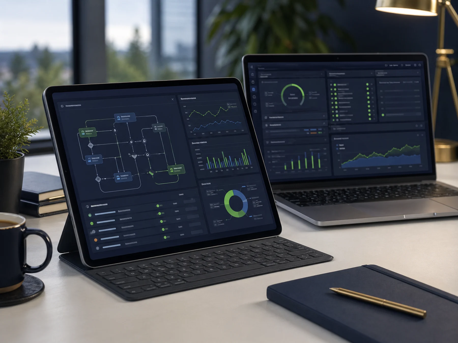 Production AI delivery dashboard on a tablet and laptop